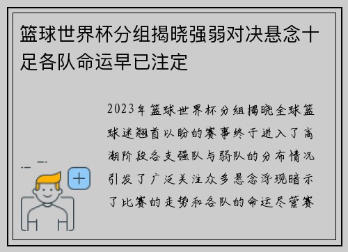 篮球世界杯分组揭晓强弱对决悬念十足各队命运早已注定