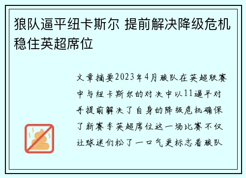 狼队逼平纽卡斯尔 提前解决降级危机稳住英超席位