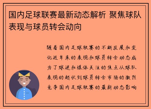 国内足球联赛最新动态解析 聚焦球队表现与球员转会动向