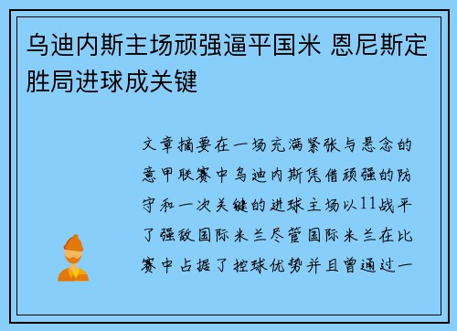 乌迪内斯主场顽强逼平国米 恩尼斯定胜局进球成关键