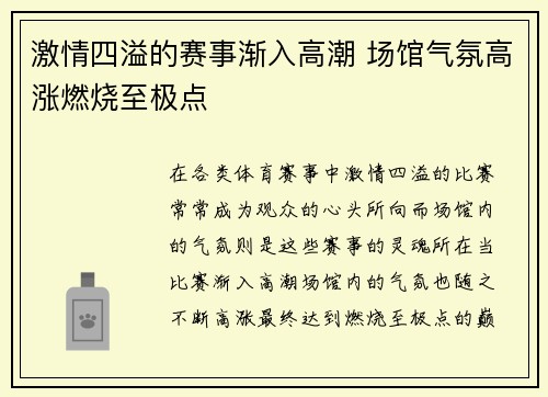 激情四溢的赛事渐入高潮 场馆气氛高涨燃烧至极点